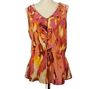 CALVIN KLEIN L Pink Multi 100% Silk Top Ruffle Zip Front Sleeveless Tie Waist